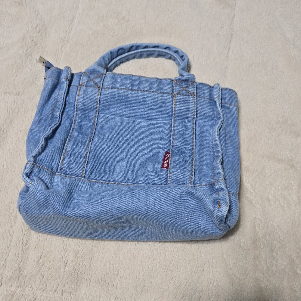 Denim Tote Bag with Pocket and Zip Closure